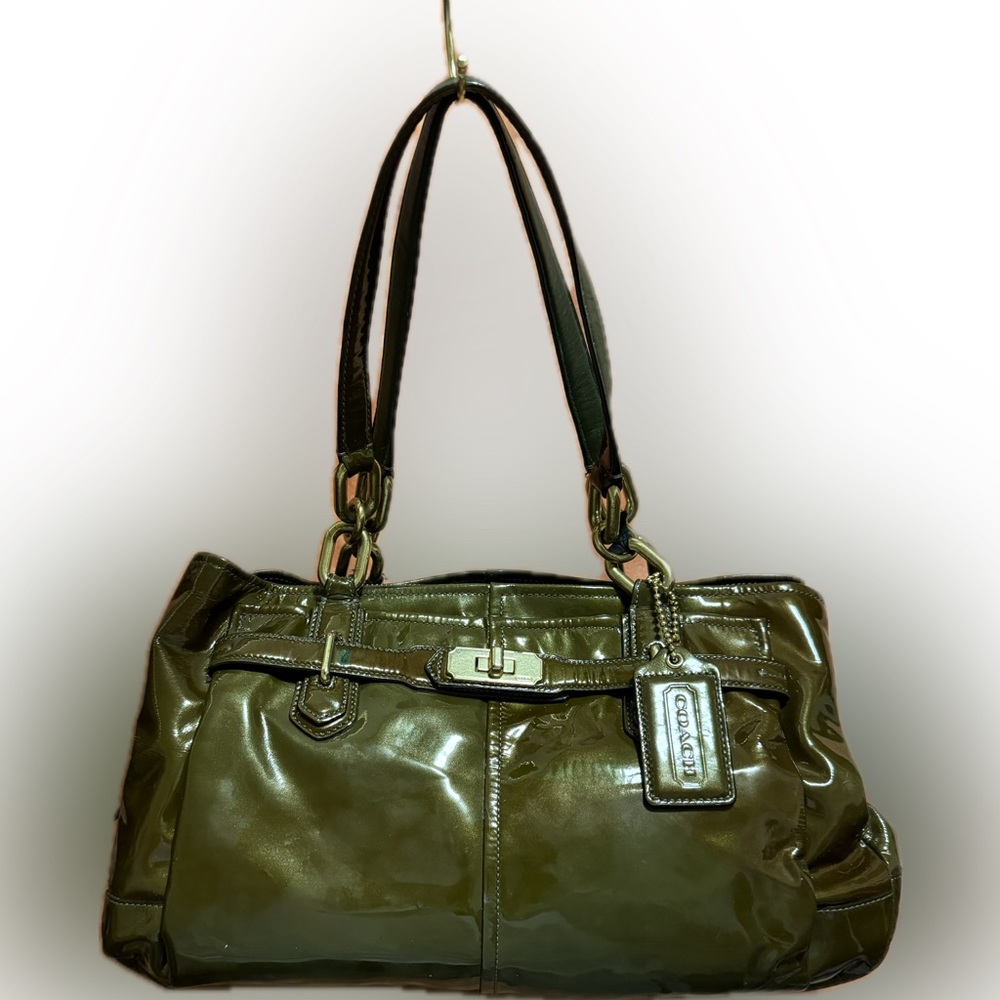 Coach Olive Green Patent Leather Satchel Shoulder Bag